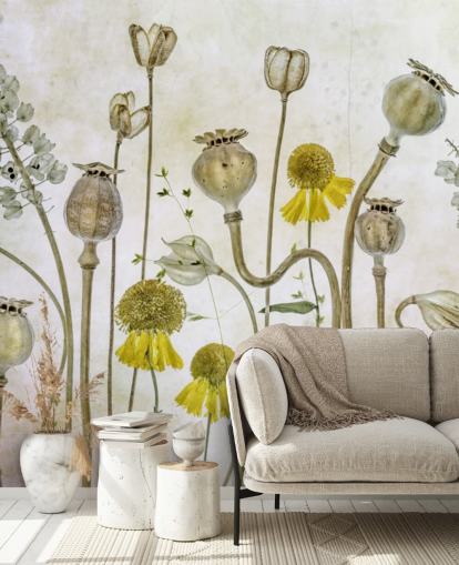 yellow heleniums and old poppies wallpaper