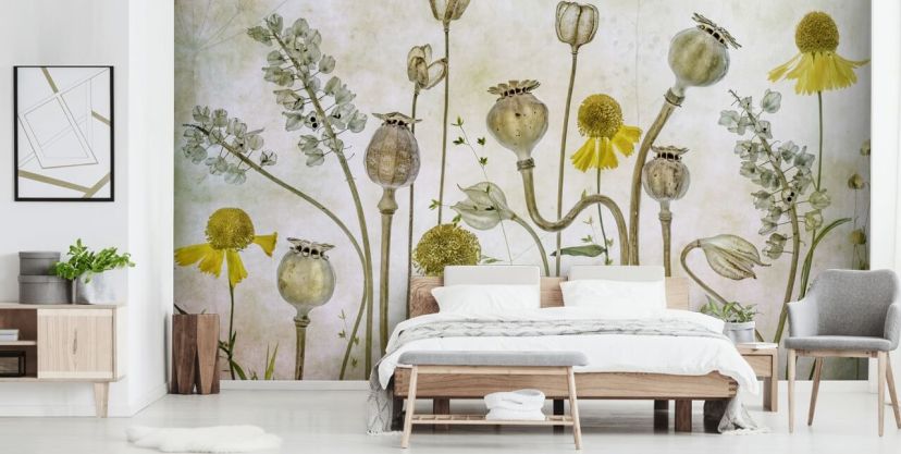 papier peint héléniums jaunes et vieux coquelicots