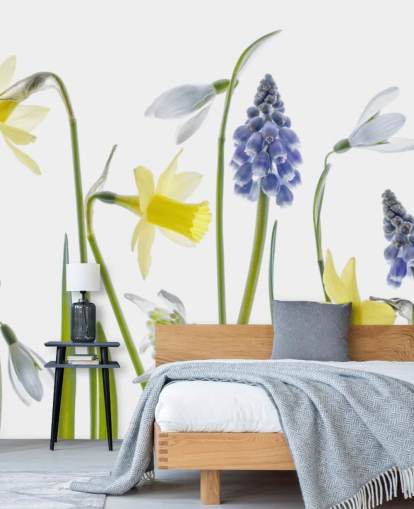 carta da parati fiori primaverili narcisi e campane blu