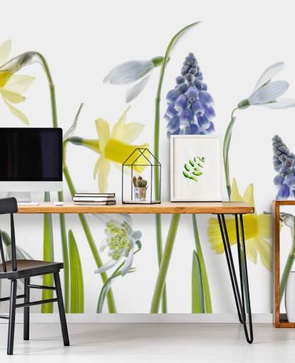 carta da parati fiori primaverili narcisi e campane blu