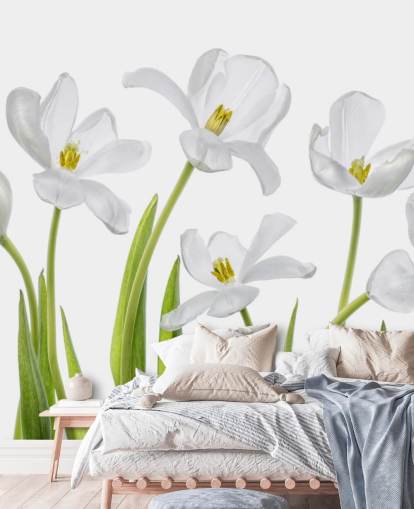 tulipas brancas crescendo a partir de papel de parede