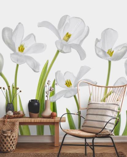 tulipas brancas crescendo a partir de papel de parede