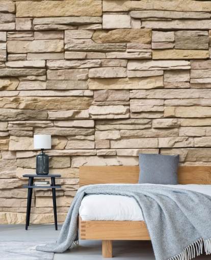 beige tilpasset stein tapet veggmaleri kalt Stacked Stone Wall