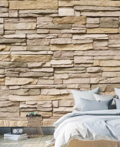 beigefarbenes kundenspezifisches Steintapeten-Wandbild namens Stacked Stone Wall