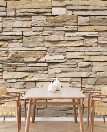 beige op maat gemaakte stenen behangmuurschildering genaamd Stacked Stone Wall