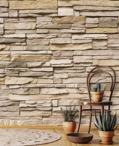 beige custom stone wallpaper mural called Stacked Stone Wall