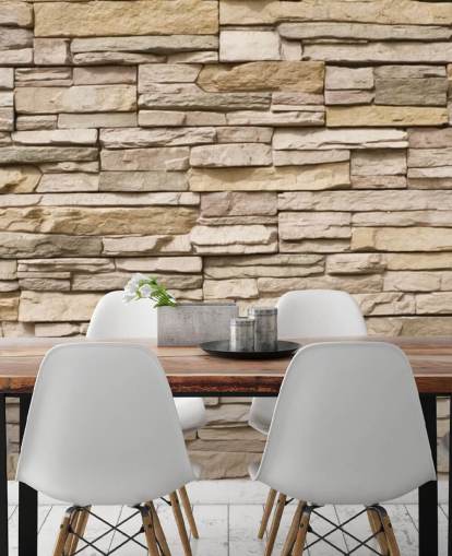 beigefarbenes kundenspezifisches Steintapeten-Wandbild namens Stacked Stone Wall