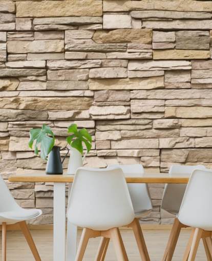 mural de papel pintado de piedra personalizado de color beige llamado Stacked Stone Wall