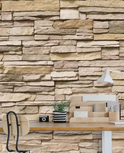 papier peint mural en pierre personnalisé beige appelé Stacked Stone Wall