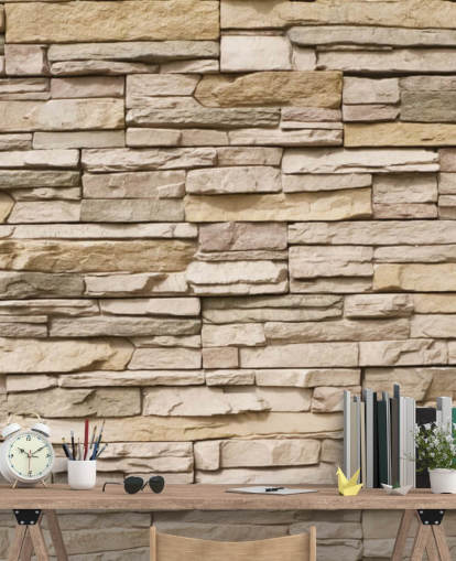 mural de papel pintado de piedra personalizado de color beige llamado Stacked Stone Wall