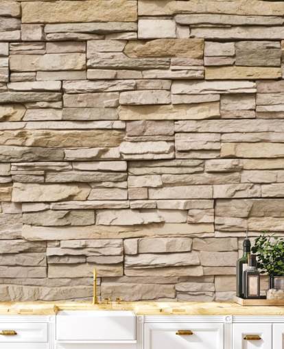 mural de papel pintado de piedra personalizado de color beige llamado Stacked Stone Wall