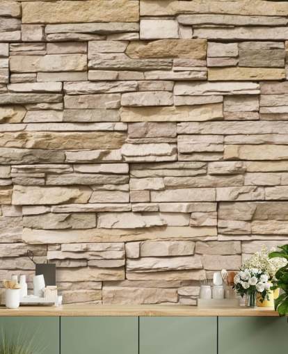 beige op maat gemaakte stenen behangmuurschildering genaamd Stacked Stone Wall