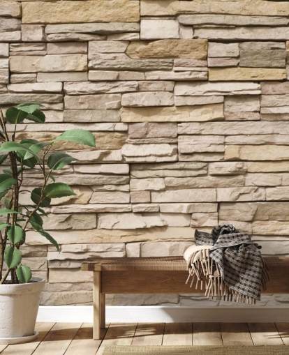 carta da parati murale in pietra personalizzata beige chiamata Stacked Stone Wall
