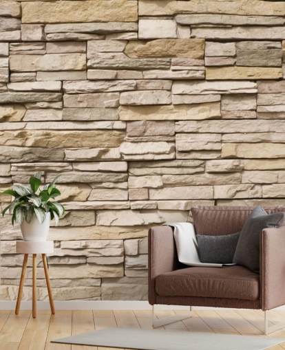 beige op maat gemaakte stenen behangmuurschildering genaamd Stacked Stone Wall