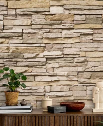 carta da parati murale in pietra personalizzata beige chiamata Stacked Stone Wall