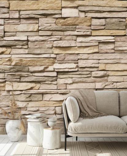 beige op maat gemaakte stenen behangmuurschildering genaamd Stacked Stone Wall beige op maat gemaakte stenen behangmuurschildering genaamd Stacked Stone Wall