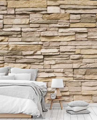 mural de papel pintado de piedra personalizado de color beige llamado Stacked Stone Wall