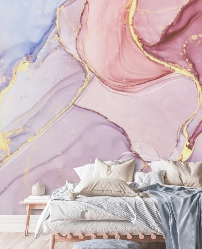 mural de papel pintado de mármol en acuarela personalizable de color morado, azul y rosa llamado Pink Swirl para dormitorios y baños