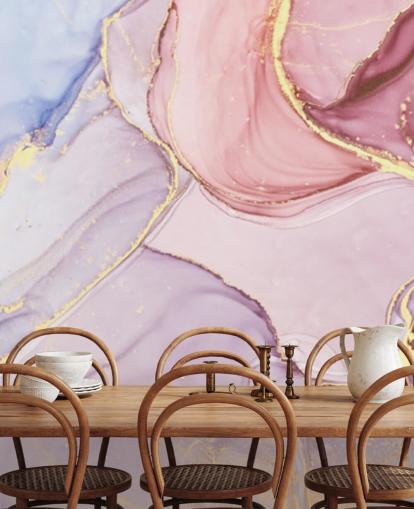 Personalisierbare Aquarelltapete aus Marmor in Violett, Blau und Rosa namens Pink Swirl für Schlafzimmer und Badezimmer