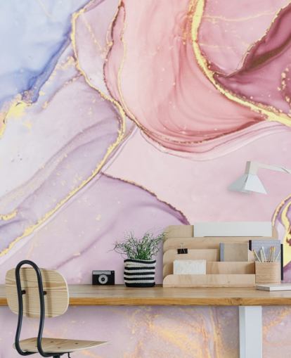 mural de papel de parede de mármore em aquarela personalizável roxo, azul e rosa chamado Pink Swirl para quartos e banheiros