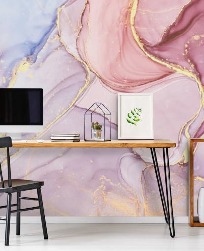 lila, blå och rosa anpassningsbar akvarell marmor tapetväggmålning kallad Pink Swirl för sovrum och badrum