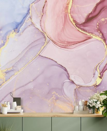lilla, blå og lyserød tilpasselig akvarel marmor tapetmaleri kaldet Pink Swirl til soveværelser og badeværelser