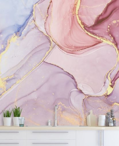 violetti, sininen ja vaaleanpunainen muokattava vesivärimarmoritapettiseinämaalaus nimeltä Pink Swirl makuuhuoneisiin ja kylpyhuoneisiin
