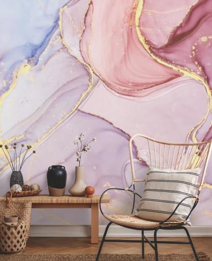 Personalisierbare Aquarelltapete aus Marmor in Violett, Blau und Rosa namens Pink Swirl für Schlafzimmer und Badezimmer
