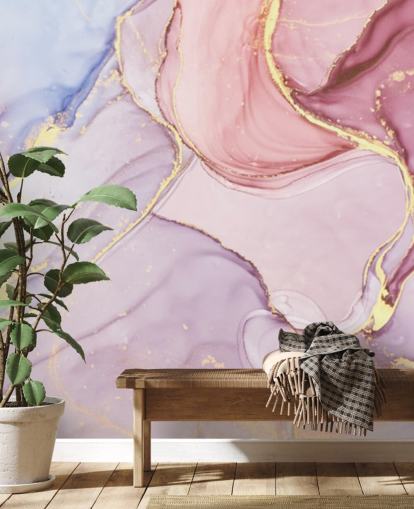 lila, blå och rosa anpassningsbar akvarell marmor tapetväggmålning kallad Pink Swirl för sovrum och badrum