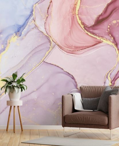 lila, blå och rosa anpassningsbar akvarell marmor tapetväggmålning kallad Pink Swirl för sovrum och badrum