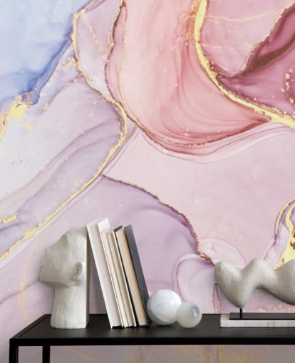 mural de papel pintado de mármol en acuarela personalizable de color morado, azul y rosa llamado Pink Swirl para dormitorios y baños mural de papel pintado de mármol en acuarela personalizable de color morado, azul y rosa llamado Pink Swirl para dormitorios y baños