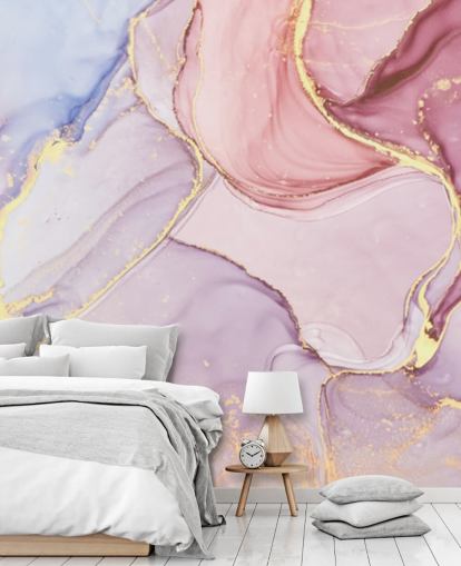 Personalisierbare Aquarelltapete aus Marmor in Violett, Blau und Rosa namens Pink Swirl für Schlafzimmer und Badezimmer