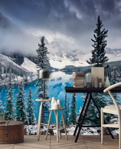papel de parede snowy lake and mountain view
