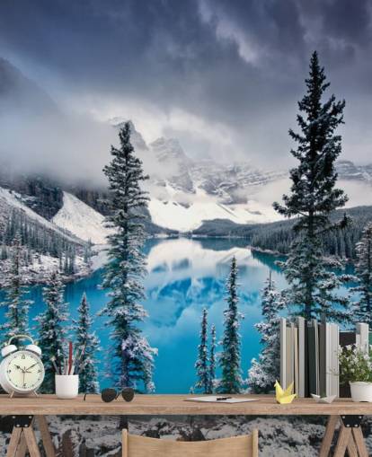 papel de parede snowy lake and mountain view