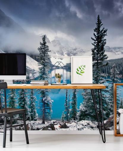 snöig sjö och bergsutsikt tapet