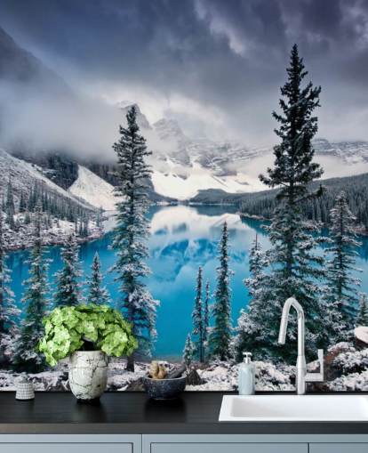 papel de parede snowy lake and mountain view