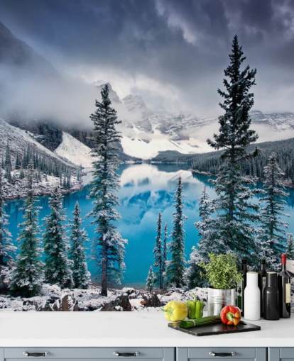 papel de parede snowy lake and mountain view