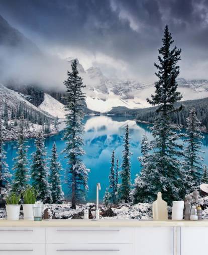 carta da parati innevata vista lago e montagna