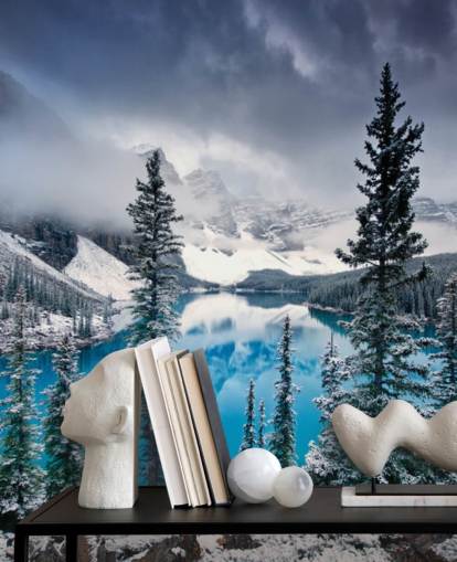 papel de parede snowy lake and mountain view