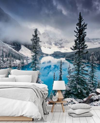 papel de parede snowy lake and mountain view