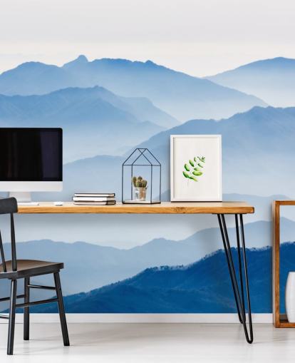 blauwe mistige lagen bergen fotobehang