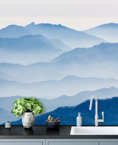 capas de niebla azul de las montañas papel tapiz fotográfico