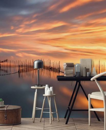visnetsilhouetten in oceaan tegen zonsondergang hemel behang visnetsilhouetten in oceaan tegen zonsondergang hemel behang