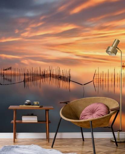 fishnet silhuetter i havet mod solnedgang himmel tapet