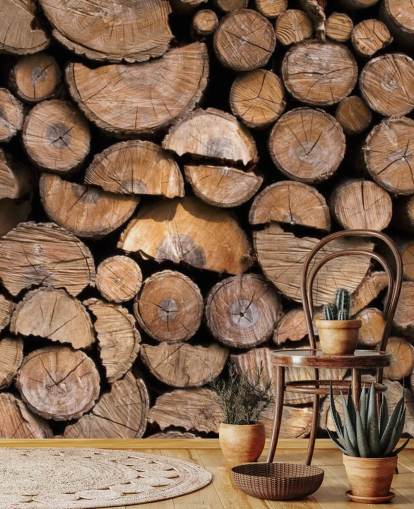Papel pintado de troncos y madera cortada