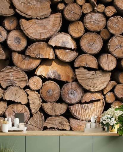 Papel pintado de troncos y madera cortada