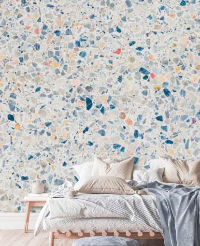 papel pintado terrazo azul y blanco