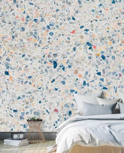 papel pintado terrazo azul y blanco