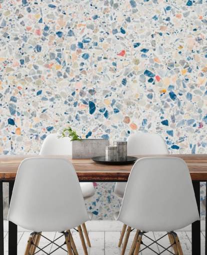 papel pintado terrazo azul y blanco