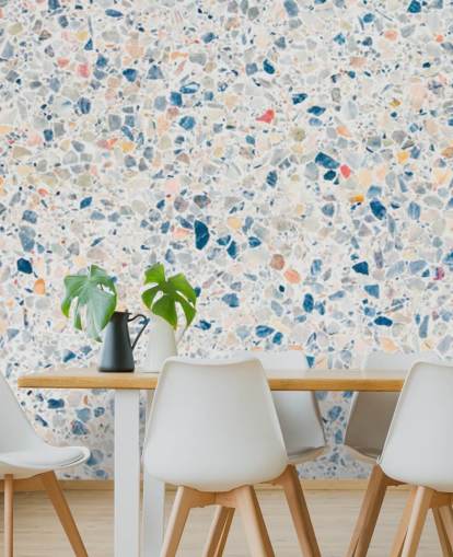 papel de parede de terrazzo azul e branco
